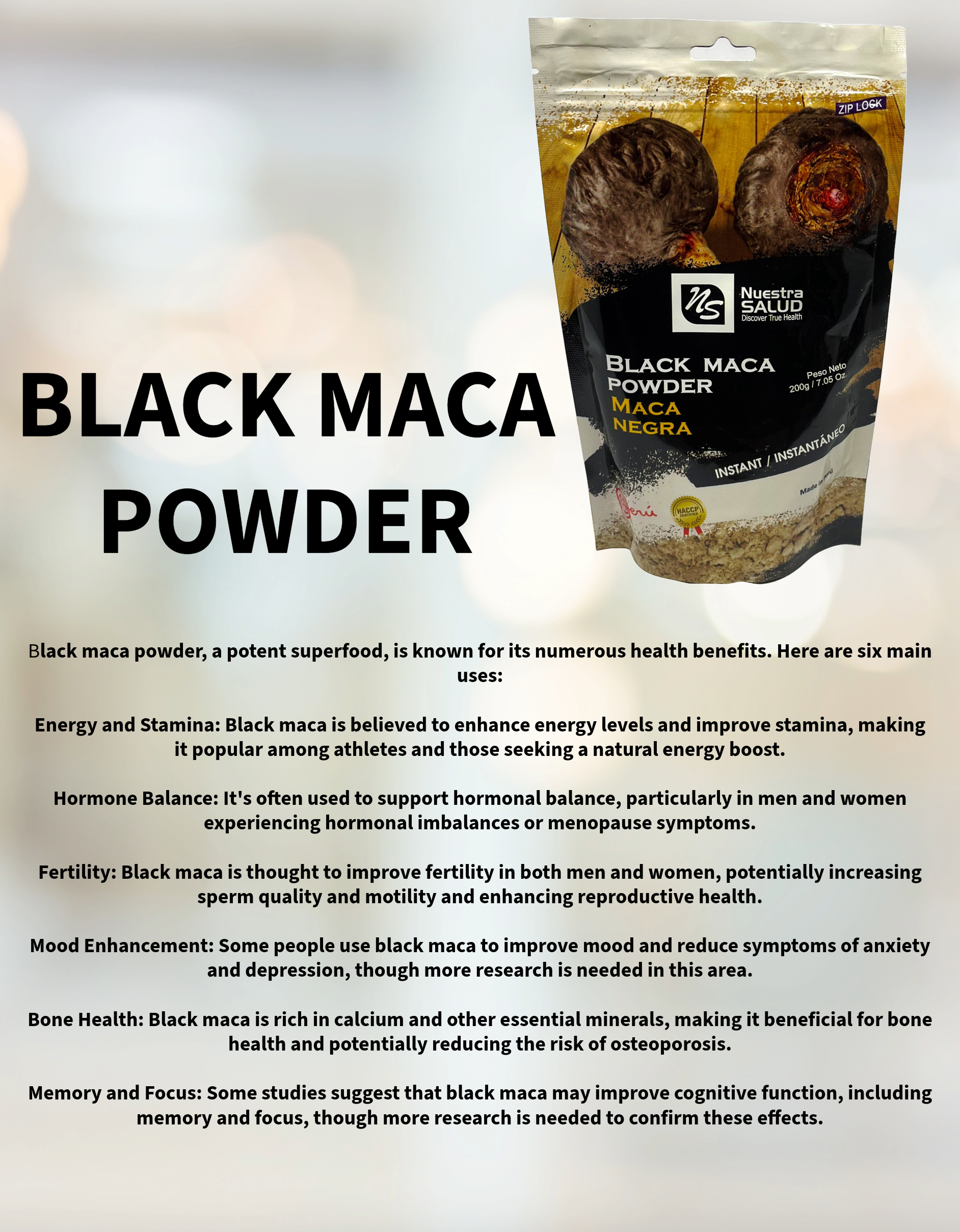 Black Maca Root Powder (200g/7.05oz) Gelatinized Peruvian Black Maca Root powder Nuestra Salud