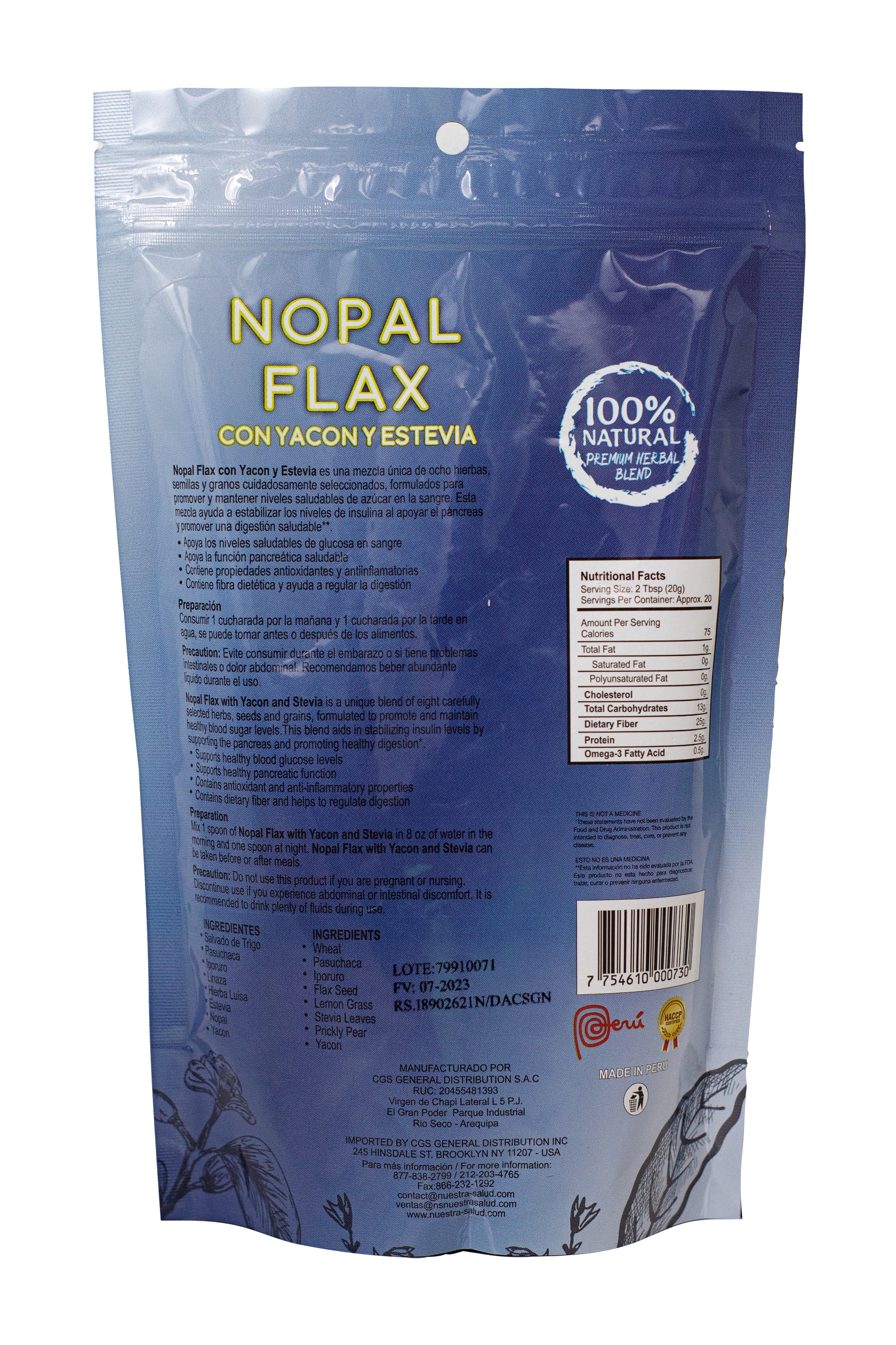 Nopal Flax Blend Plus Yacon Root Stevia Flaxseed Fiber Colon Cleanser Blend (454g) Nuestra Salud