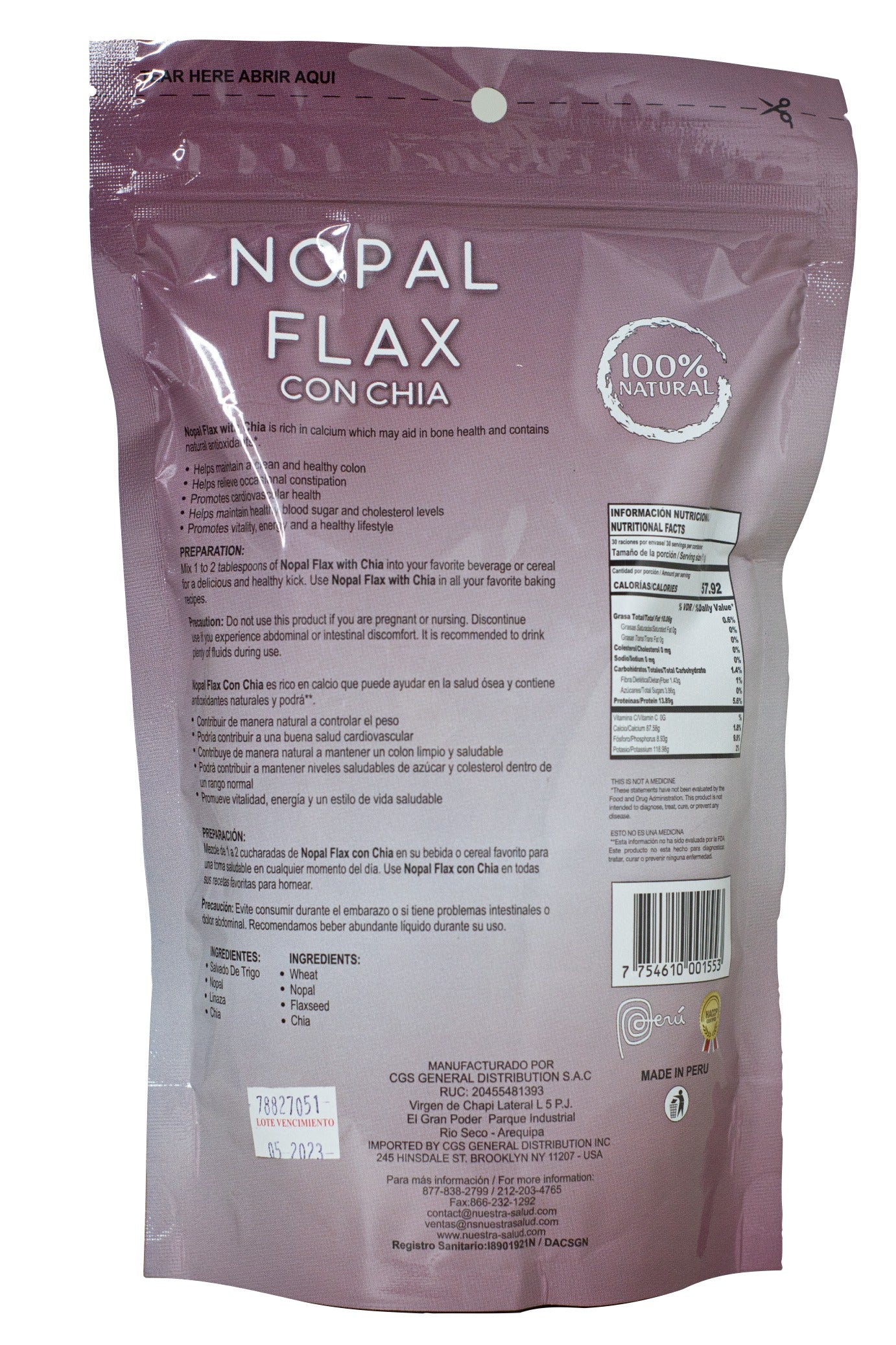 Nopal Flax Blend Plus Chia seeds Flaxseed (454g) Colon Cleanser Nuestra Salud